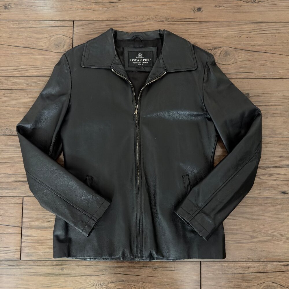 Oscar Piel‎ Perfect Leather Jacket Womens Zip Front Black Large